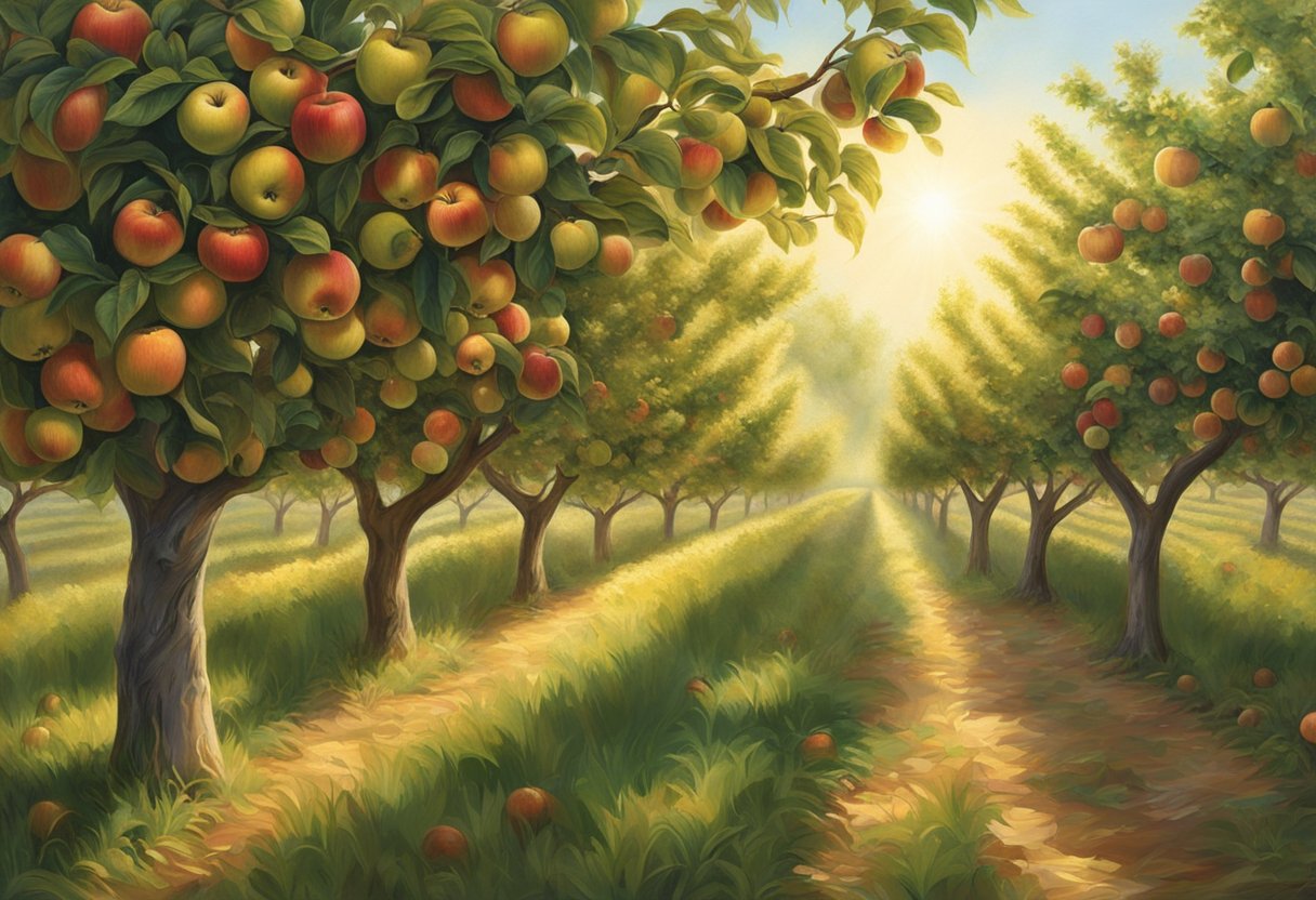 Sunlight filters through the lush apple orchard, casting a golden glow on the ripe fruit. Trees laden with red and green apples stretch out in neat rows, inviting visitors to pick their own bounty