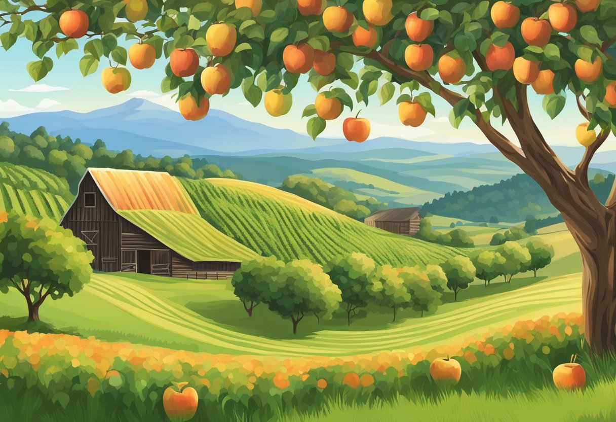 Lush apple trees dot rolling hills, ripe fruit gleaming in the sun. A rustic barn and distant mountains complete the idyllic scene