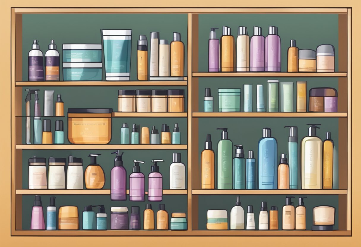 Uma gama diversificada de produtos e ferramentas para cabelos cacheados e crespos exibidos em uma prateleira em um salão moderno