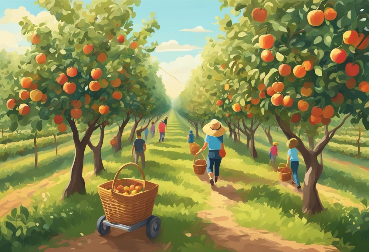 A sunny orchard with rows of apple trees, ripe fruit ready for picking. Families wander the scenic grounds, baskets in hand, enjoying a day of harvest