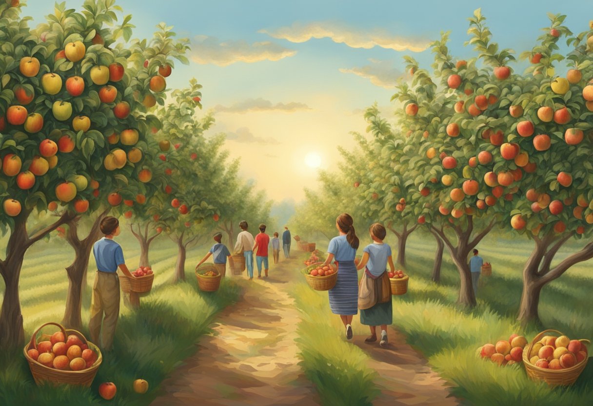 Lush apple orchard with rows of trees, ripe fruit hanging from branches, and families picking apples into baskets