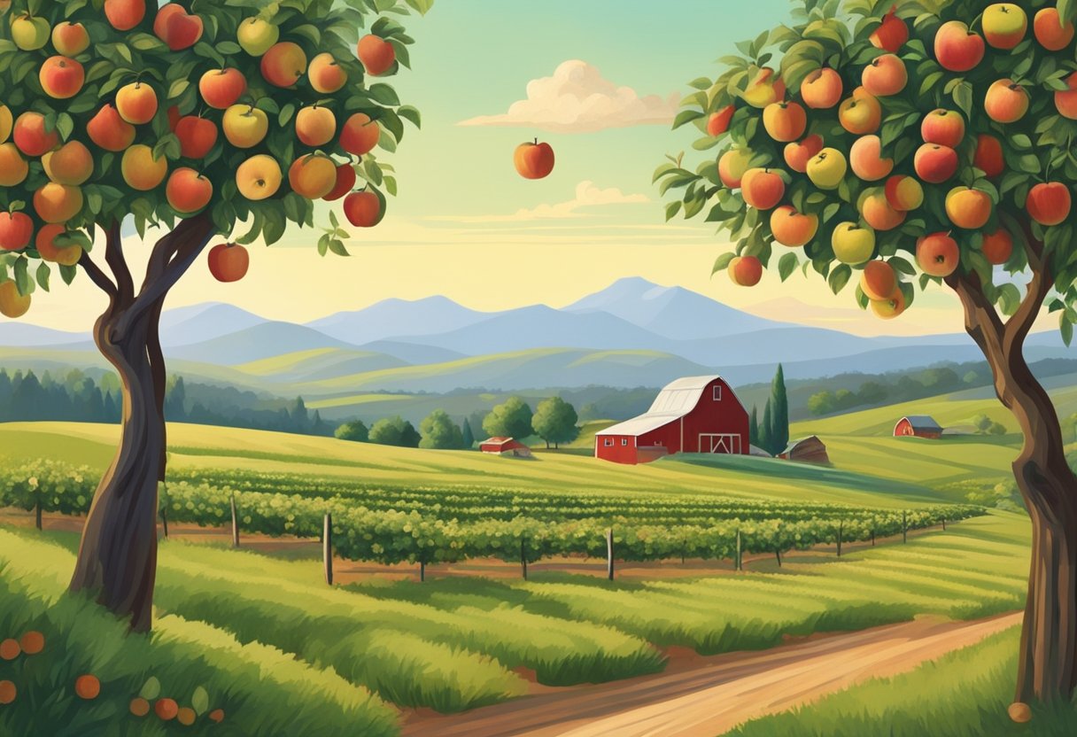 Lush apple orchards sprawl across rolling hills, ripe fruit hanging from branches. Families wander between rows, filling baskets with red and green apples. A rustic barn and distant mountains complete the idyllic scene