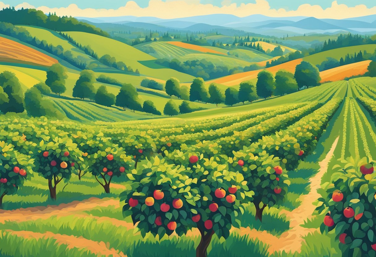 Lush apple orchard with rows of trees, ripe fruit, and families picking. Bright blue sky and rolling hills in the background