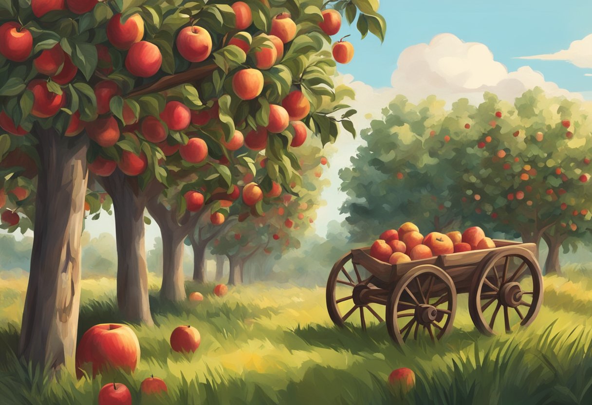 Lush apple trees stretch towards the sky, heavy with ripe, red fruit. A rustic wooden cart sits nearby, ready to be filled with the day's harvest