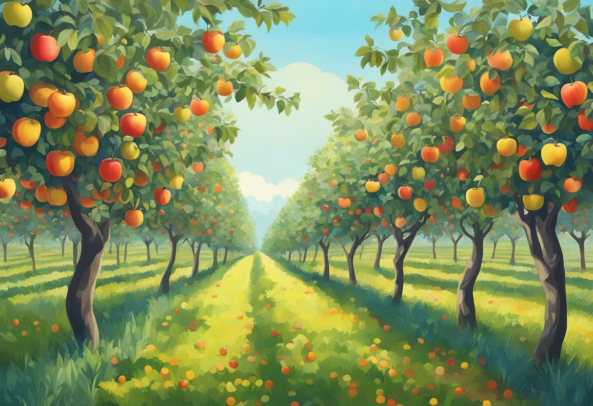 A colorful apple orchard with rows of trees, ripe fruit, and a clear blue sky above