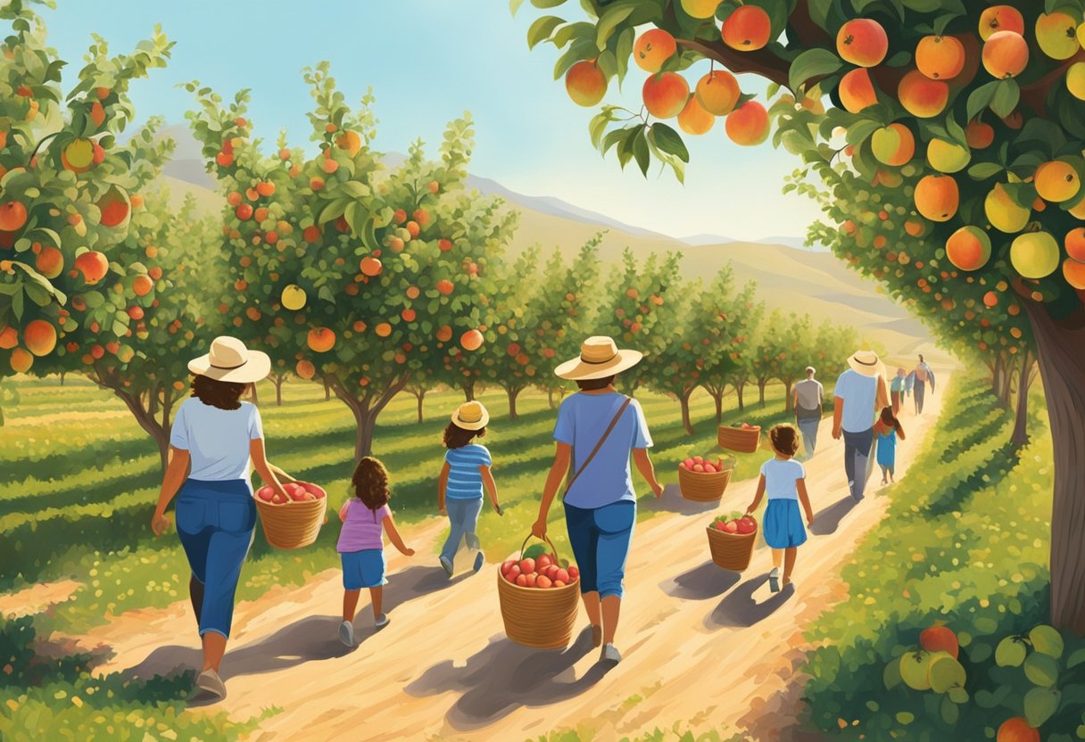 Families wander through rows of apple trees, filling baskets with ripe fruit under the warm sun at a Pick Your Own Farms near Yucaipa, CA