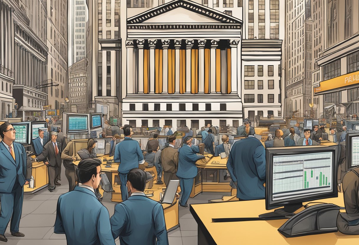 A bustling Wall Street scene with traders at work, financial charts on screens, and the iconic Wall Street sign in the background