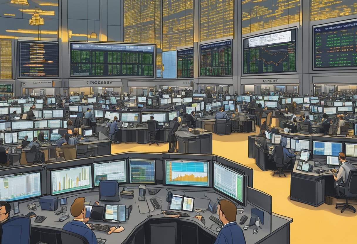 A bustling Wall Street trading floor, with screens flashing stock prices and traders communicating signals. The energy is palpable as the market moves rapidly