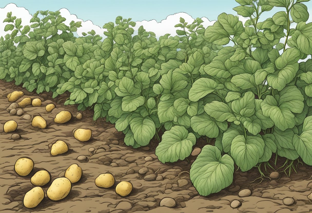 Potato plants with mature, yellowing foliage. Tubers visible at soil surface. Ready for harvest