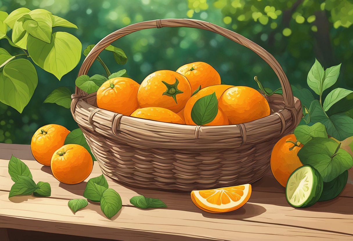 A basket of orange cucumbers sits on a wooden table in a sunny garden. The vibrant orange color contrasts with the green foliage in the background