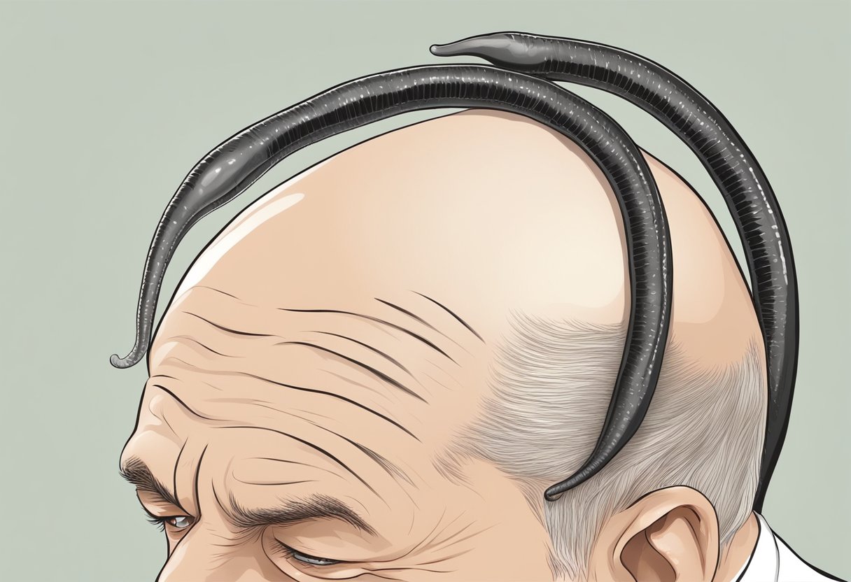 A leech is applied to a balding scalp, drawing blood to stimulate hair growth