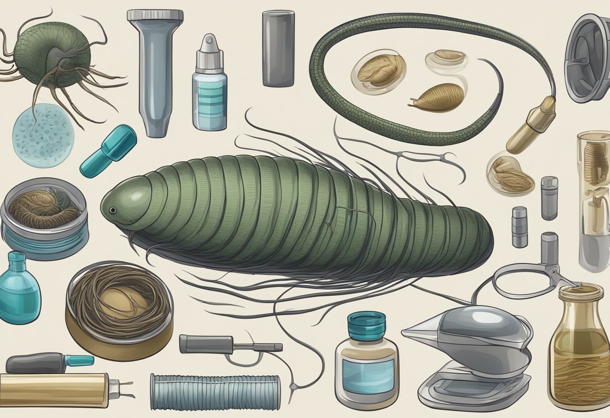 A leech attached to a scalp, surrounded by medical equipment and evidence of hair loss
