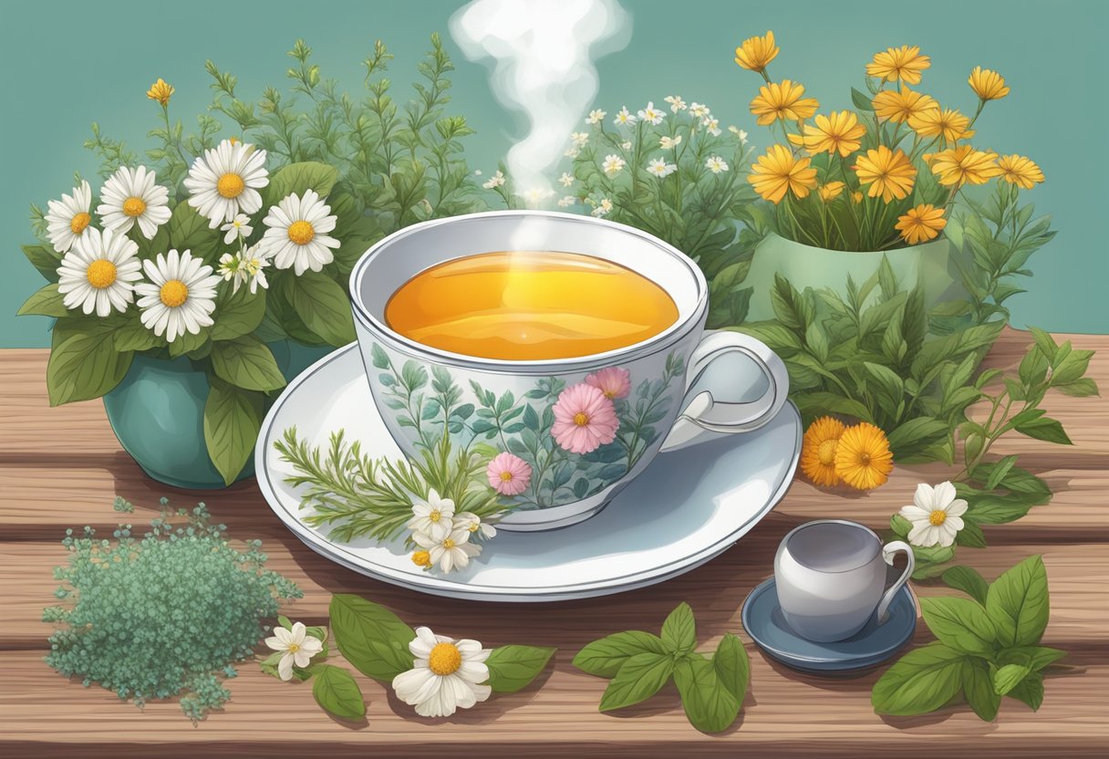 A steaming cup of hormone balancing tea surrounded by calming herbs and flowers on a wooden table
