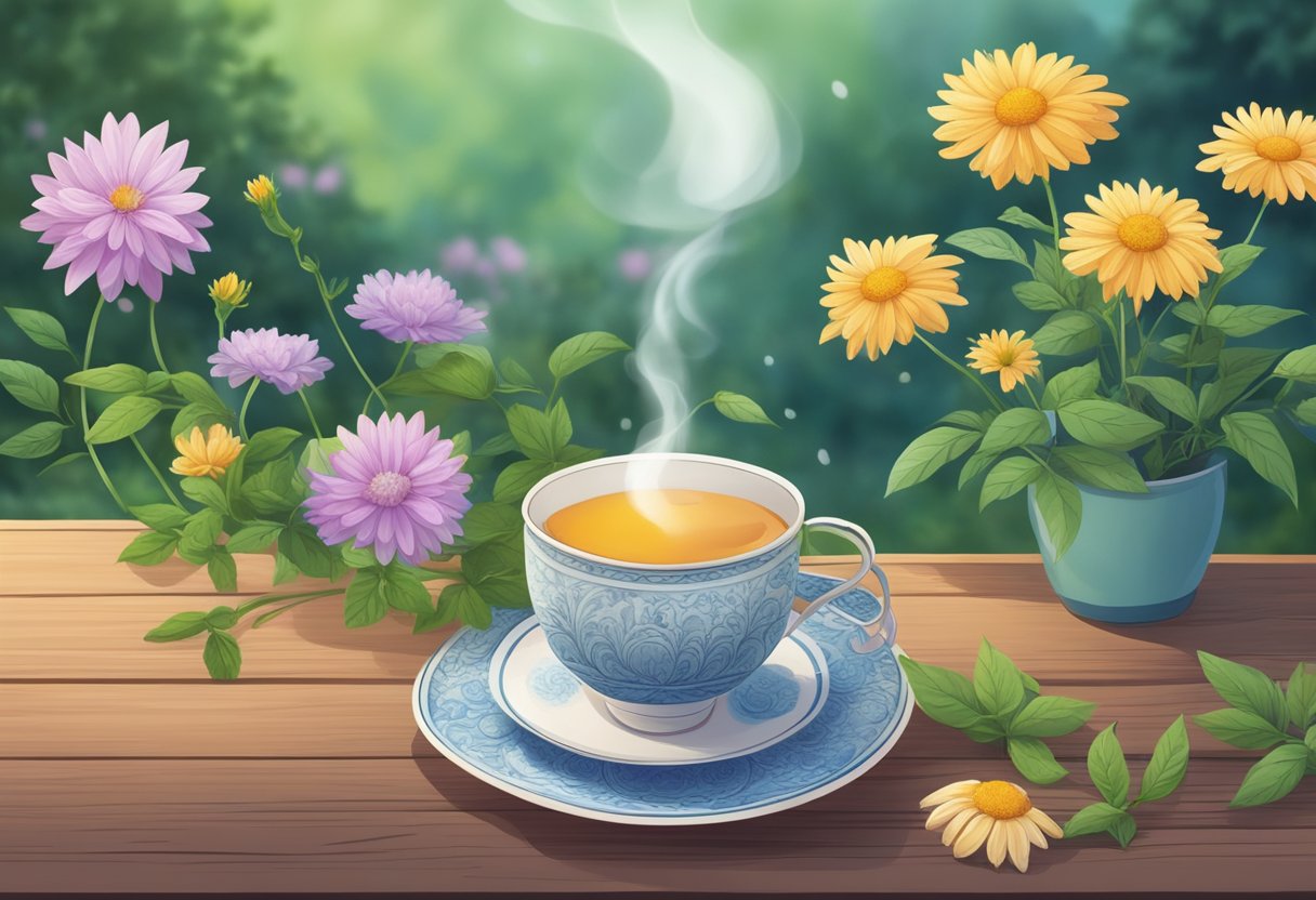 A serene garden with blooming flowers and herbs, a steaming cup of hormone balancing tea sits on a wooden table