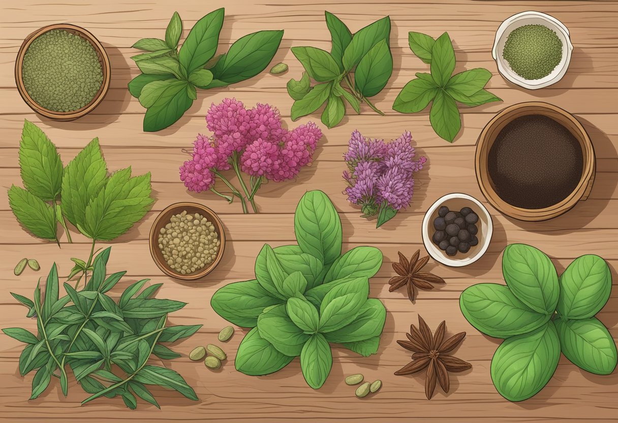 A variety of herbs and spices, such as chasteberry, dong quai, and red clover, are spread out on a wooden table, ready to be brewed into hormone balancing teas