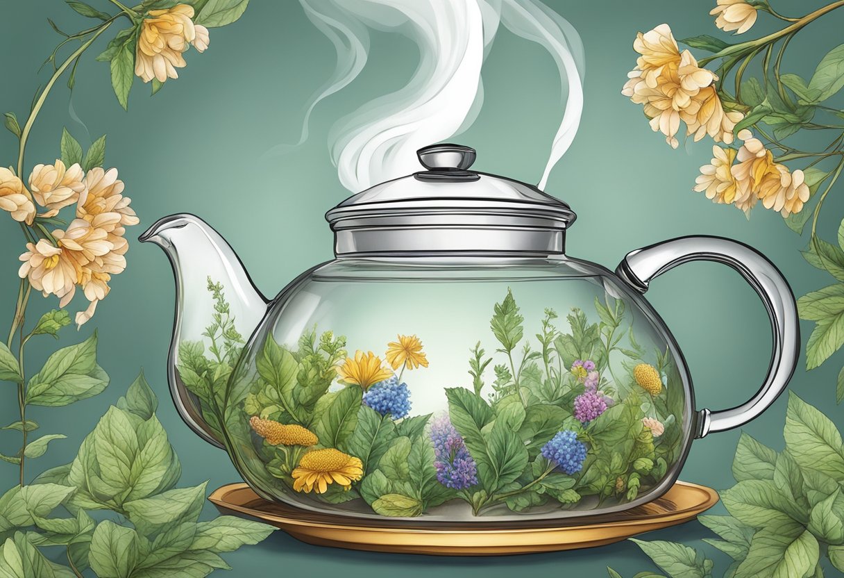 A teapot steams as herbal ingredients are added, swirling in hot water