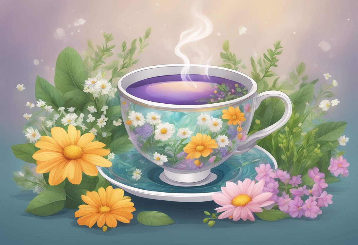 A steaming cup of hormone balancing tea surrounded by fresh herbs and flowers, with a calming and soothing ambiance