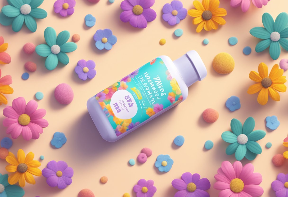 A bottle of happy hormones tablets sits on a bright, clean surface, surrounded by colorful flowers and a warm, inviting glow