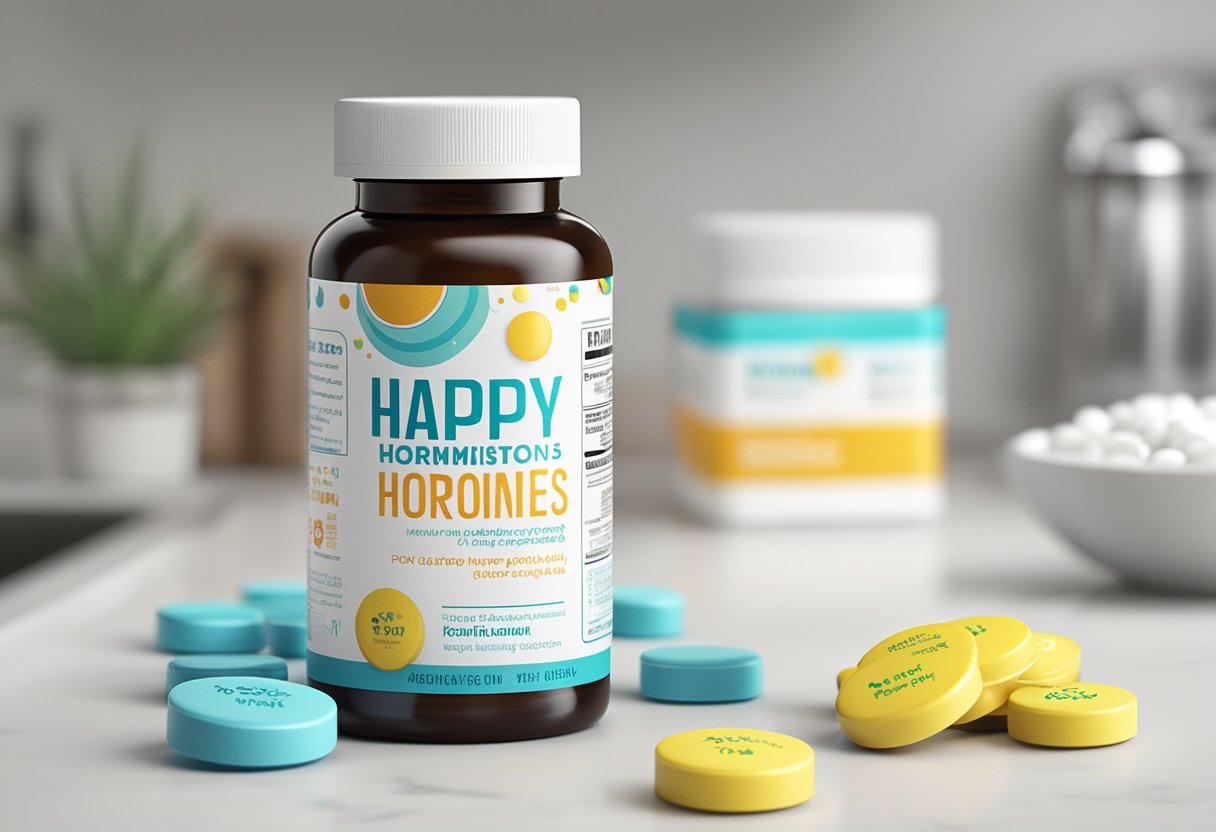 A bottle of "Happy Hormones" tablets sits on a clean, white countertop, with a bright, cheerful label and a few tablets spilling out