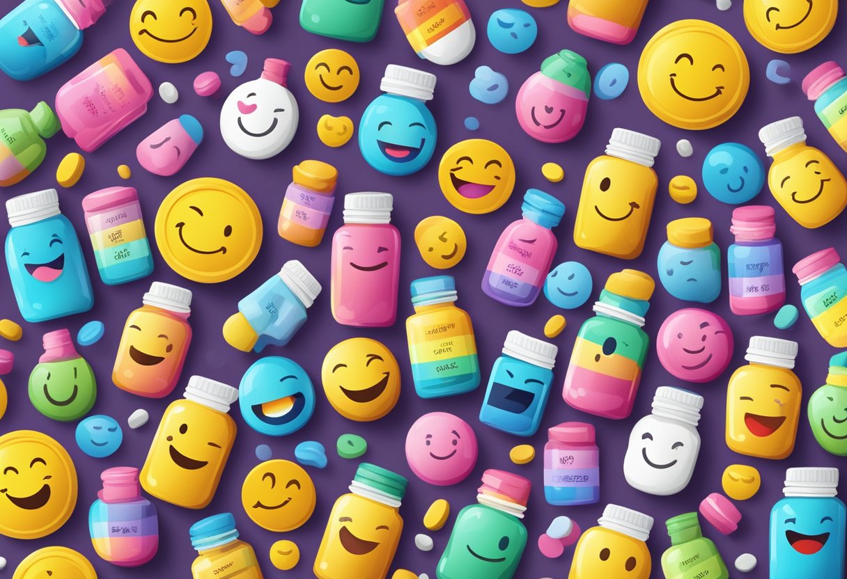 A colorful bottle of "Happy Hormones" tablets surrounded by smiling emojis and uplifting quotes