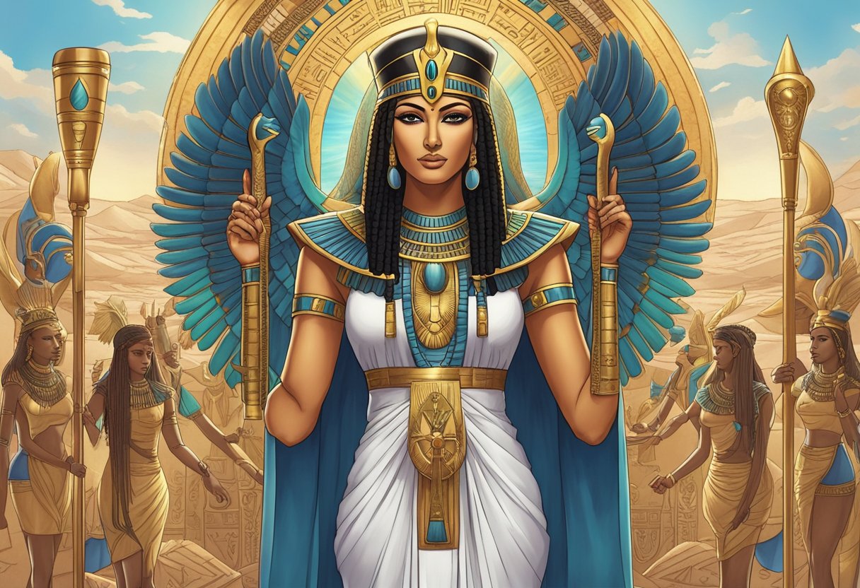 The scene depicts the ancient Egyptian goddess Isis holding the Ankh, surrounded by other pagan goddesses and magical symbols