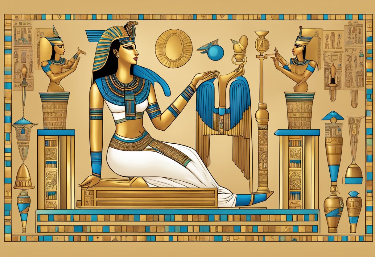 The illustration depicts the goddess Isis in ancient Egyptian art and architecture, surrounded by symbols such as the Ankh and enchantments
