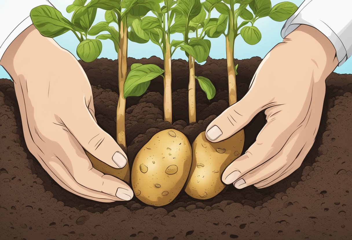 Potatoes are placed in soil, eyes facing up. Soil is tamped down gently. Water is added to keep soil moist. Sunlight is needed for growth