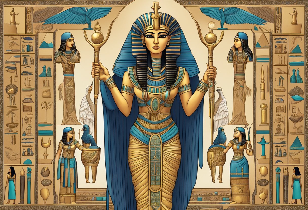 The goddess Isis stands among ancient Egyptian symbols and pagan deities, with the Ankh and magical incantations