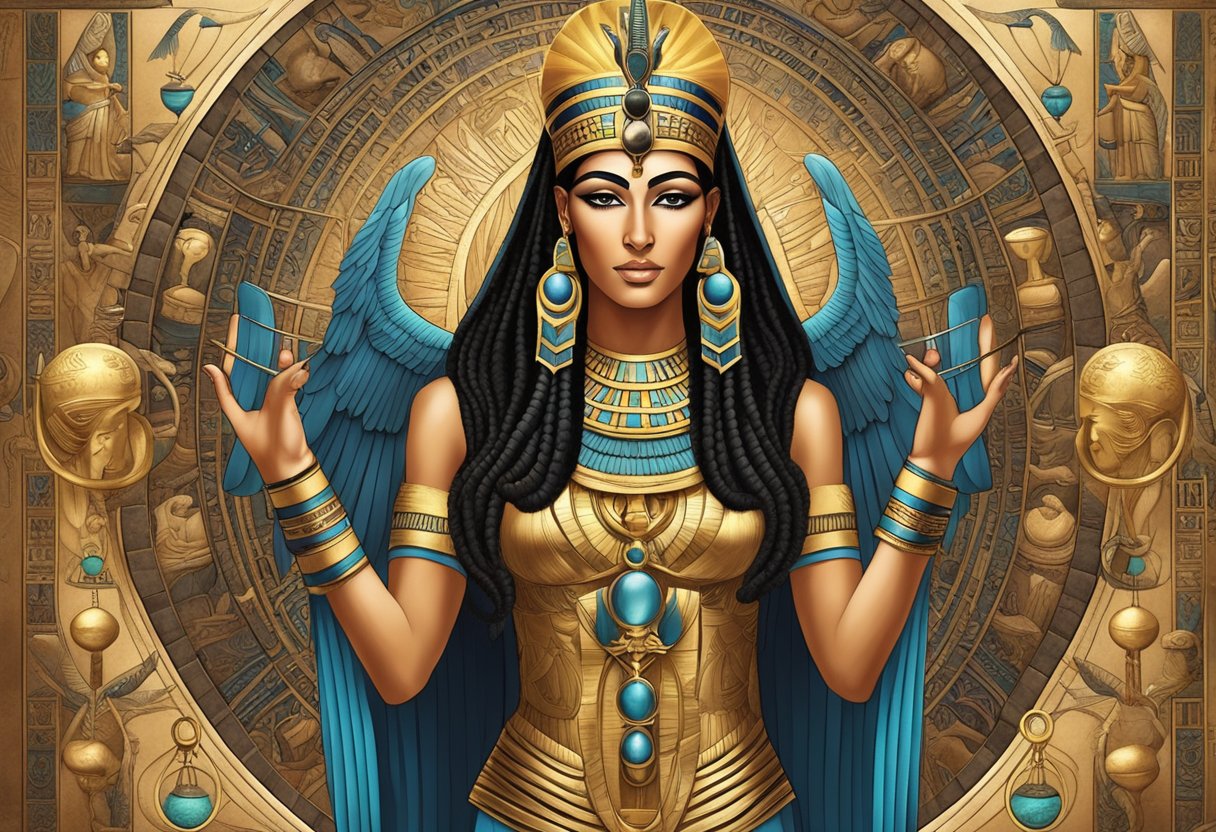 The goddess Isis holding the Ankh, surrounded by ancient Egyptian symbols and other pagan deities, with a sense of mysticism and magic in the air