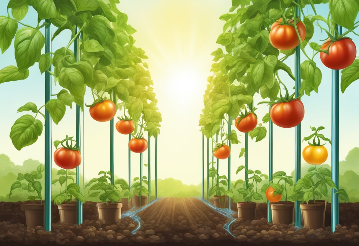Tomato plants receiving sunlight and water, with stakes for support and healthy green leaves