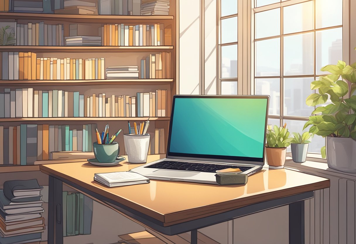 A desk with a laptop, notebook, and pen. A motivational poster on the wall. A bookshelf with self-help books. Bright, natural light coming through a window