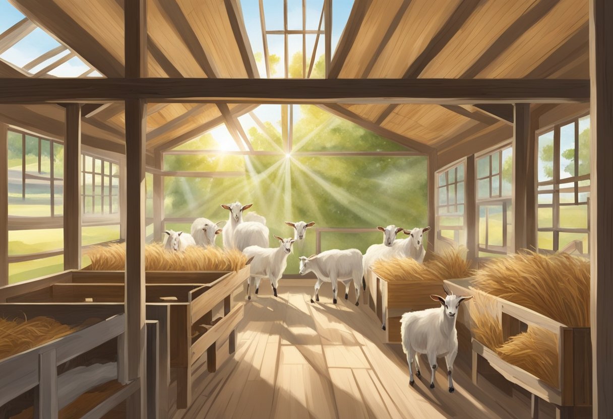 Sunlight streams through open windows and vents, circulating fresh air throughout the spacious goat barn. Straw bedding ruffles gently in the breeze