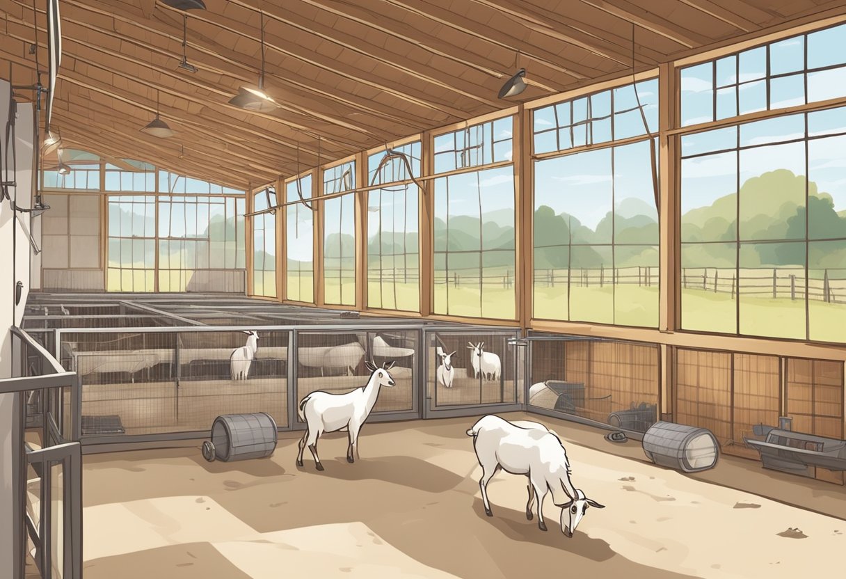 A goat barn with proper ventilation: open windows, fans, and air vents. Clean, well-lit, and spacious interior with goats comfortably resting