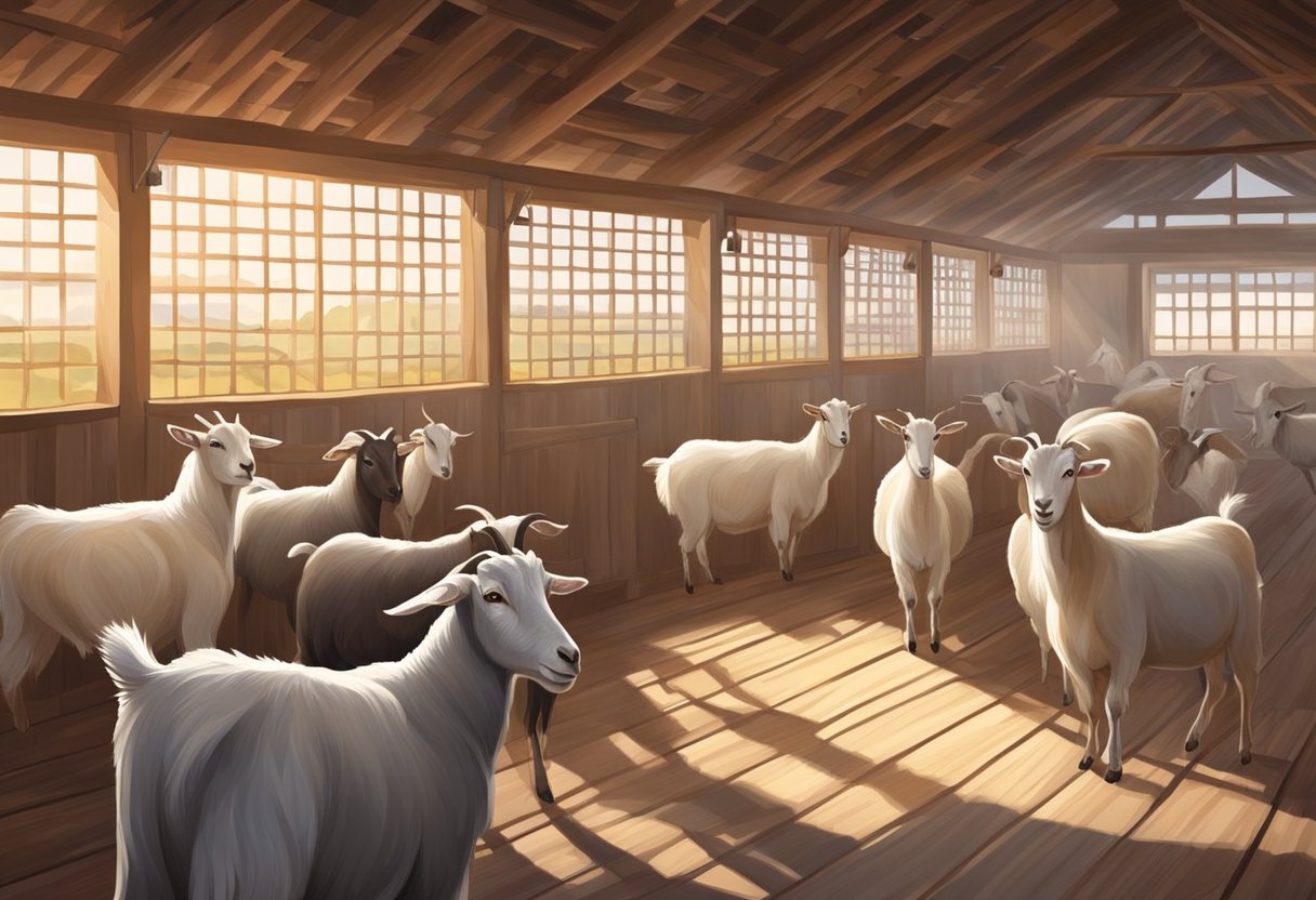 Goats roam in a barn with open windows and vents for proper ventilation. Seasonal changes are addressed to maintain a comfortable environment