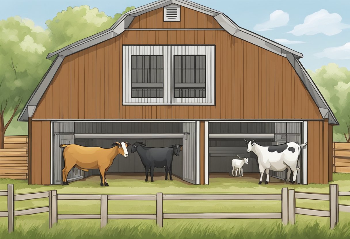 The goat barn is equipped with large windows and exhaust fans to ensure proper ventilation and airflow. Hay and manure are stored in separate areas to prevent air contamination