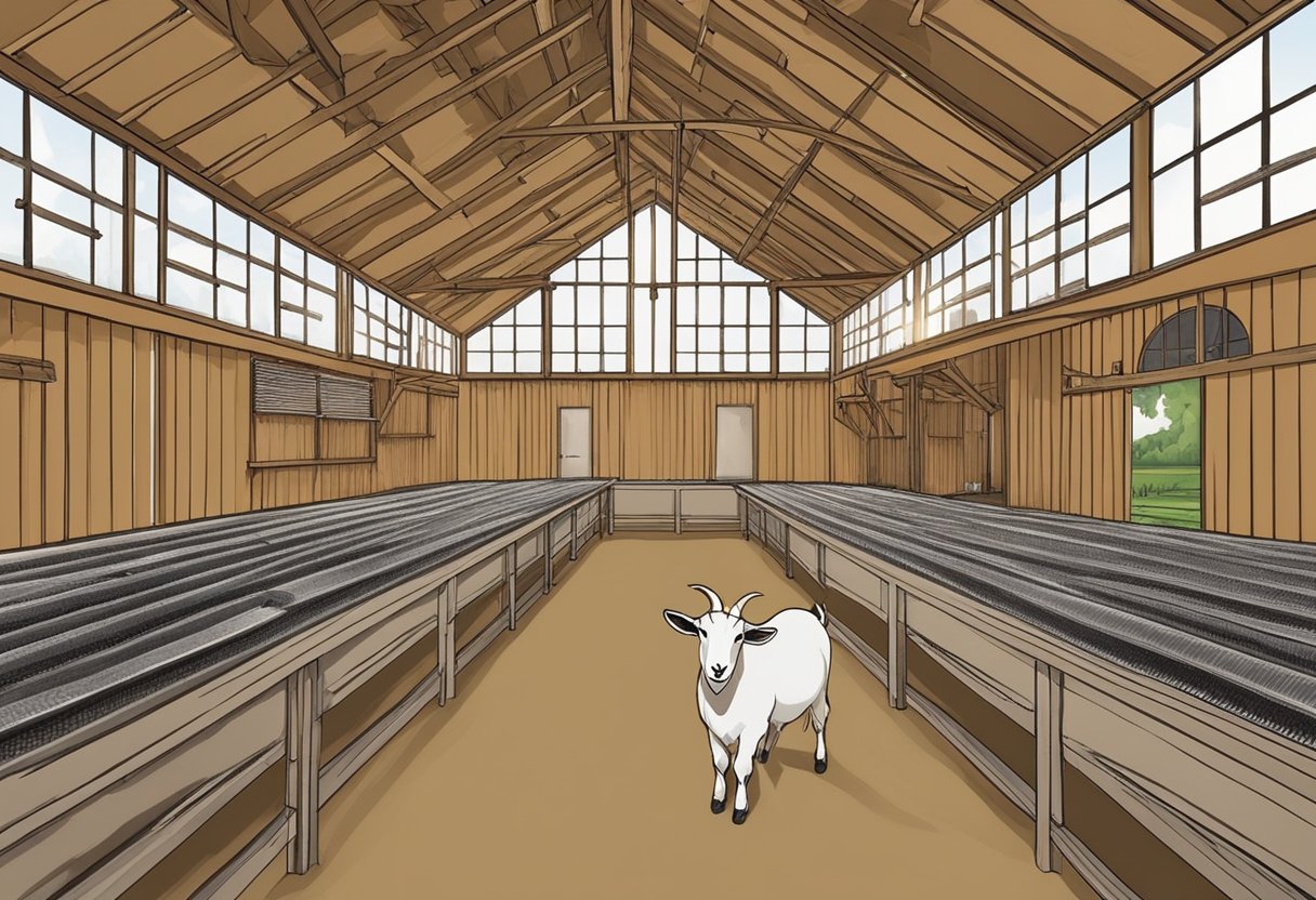 A goat barn with open windows and vents, allowing for airflow and circulation. Hay and manure are properly managed to reduce odors and improve air quality