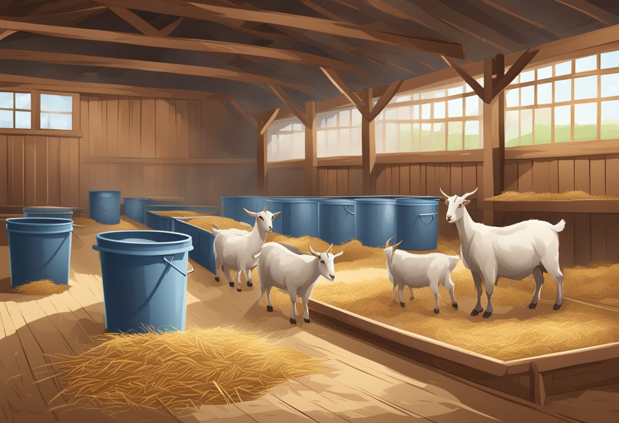 Goat barn interior with straw bedding, feeding troughs, and water buckets. Dust and hay scattered on the floor. A calendar on the wall with cleaning schedule