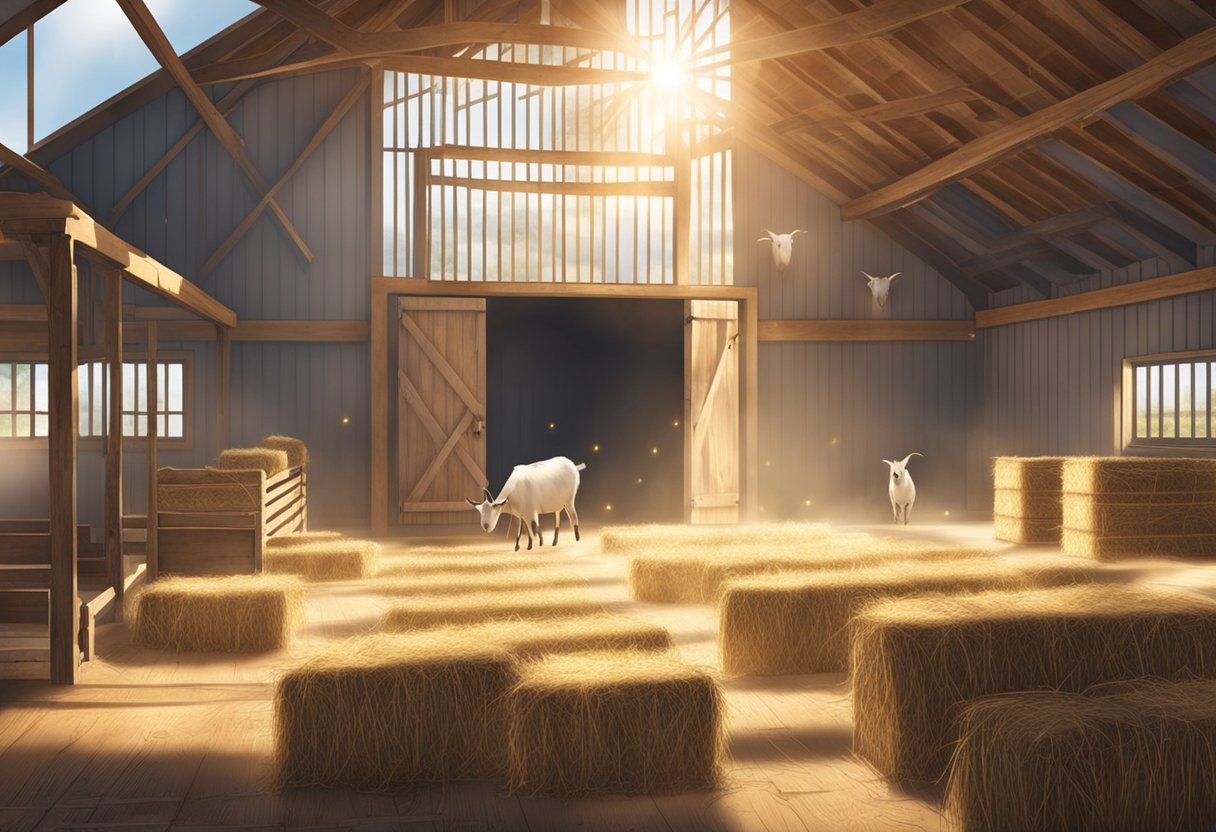 Goat barn with scattered hay, tools, and feed. Sunlight streams through open doors. Dust particles float in the air