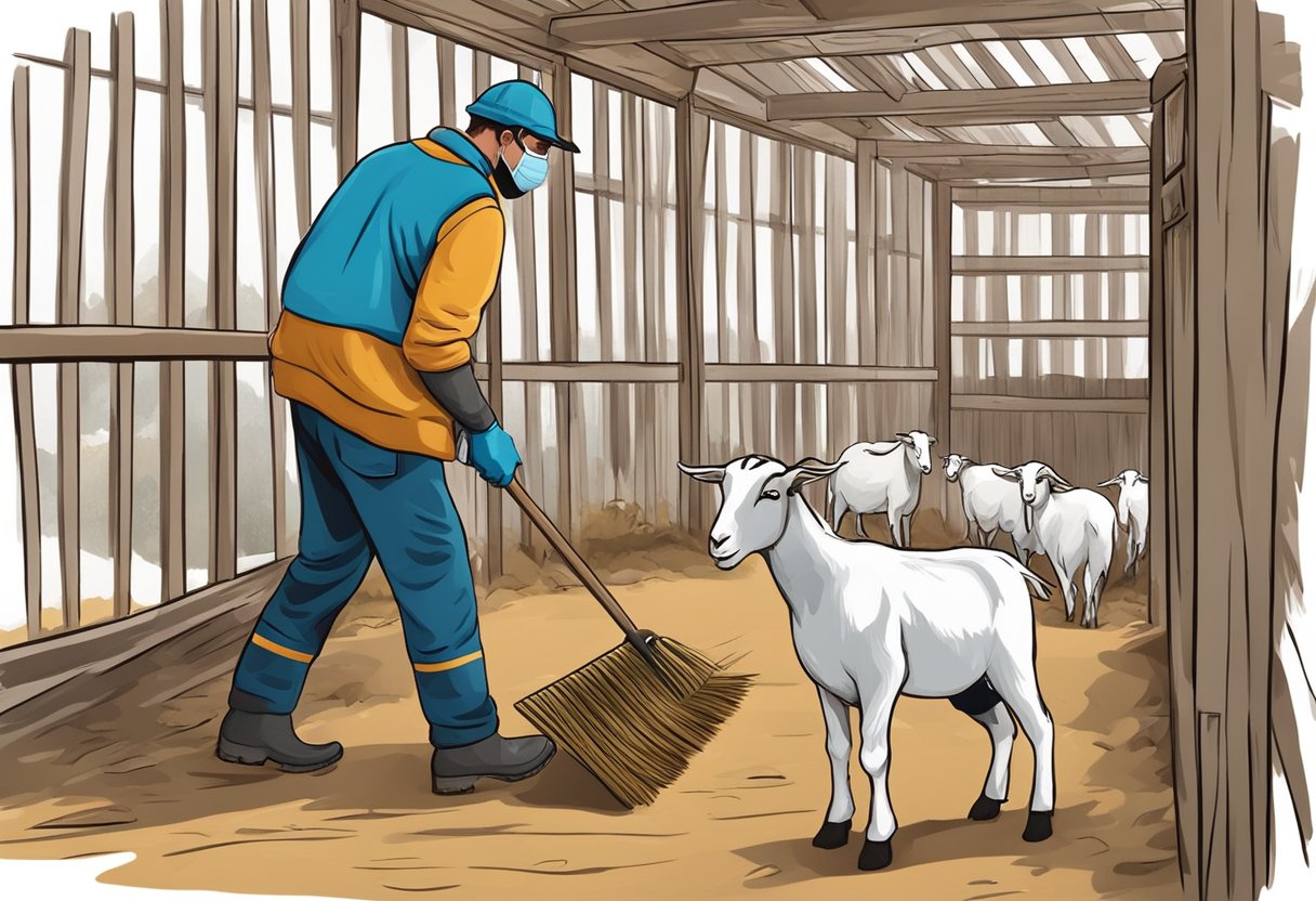 The goat barn is being cleaned with a shovel and broom. A person is wearing gloves and a face mask for safety