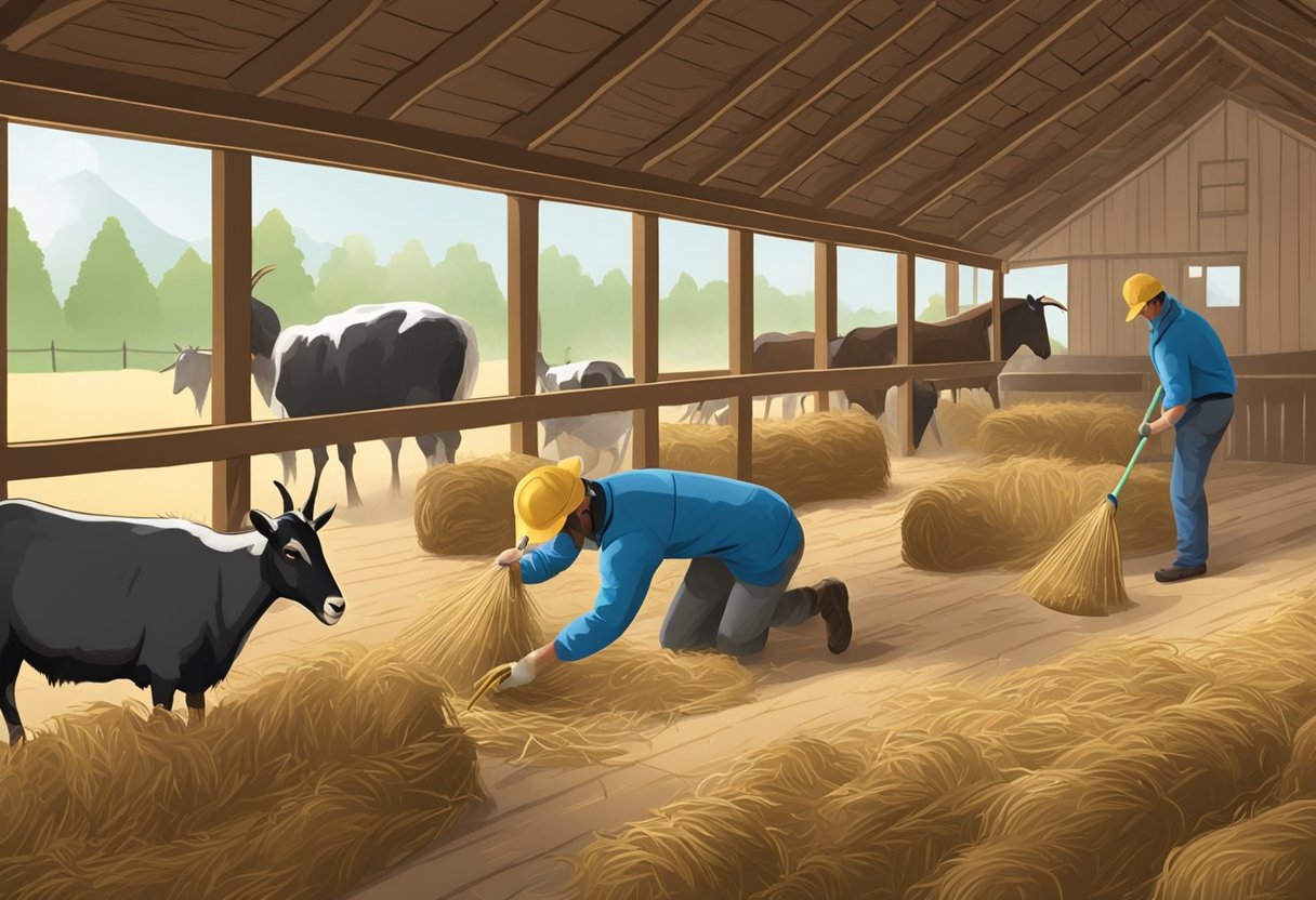 The goat barn is being cleaned after the animals have been removed. Hay and manure are being removed with a pitchfork, and the floor is being swept and sanitized