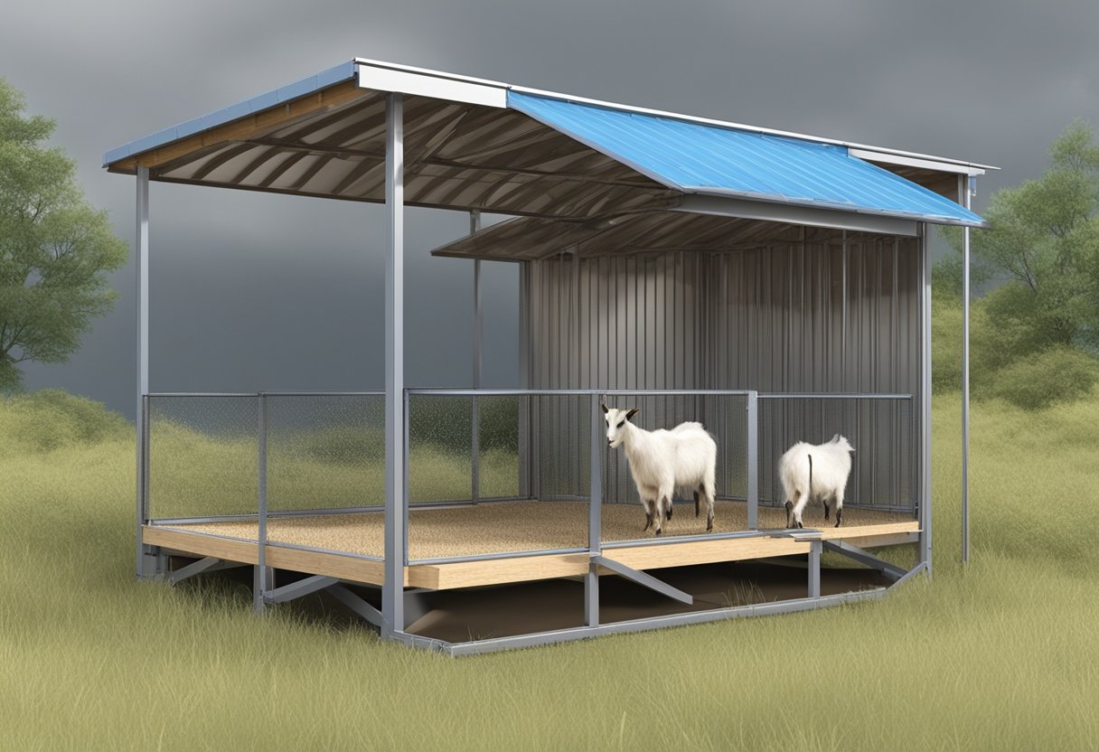 Goats seek shelter from rain and wind. A sturdy, open-sided structure with a raised floor provides protection