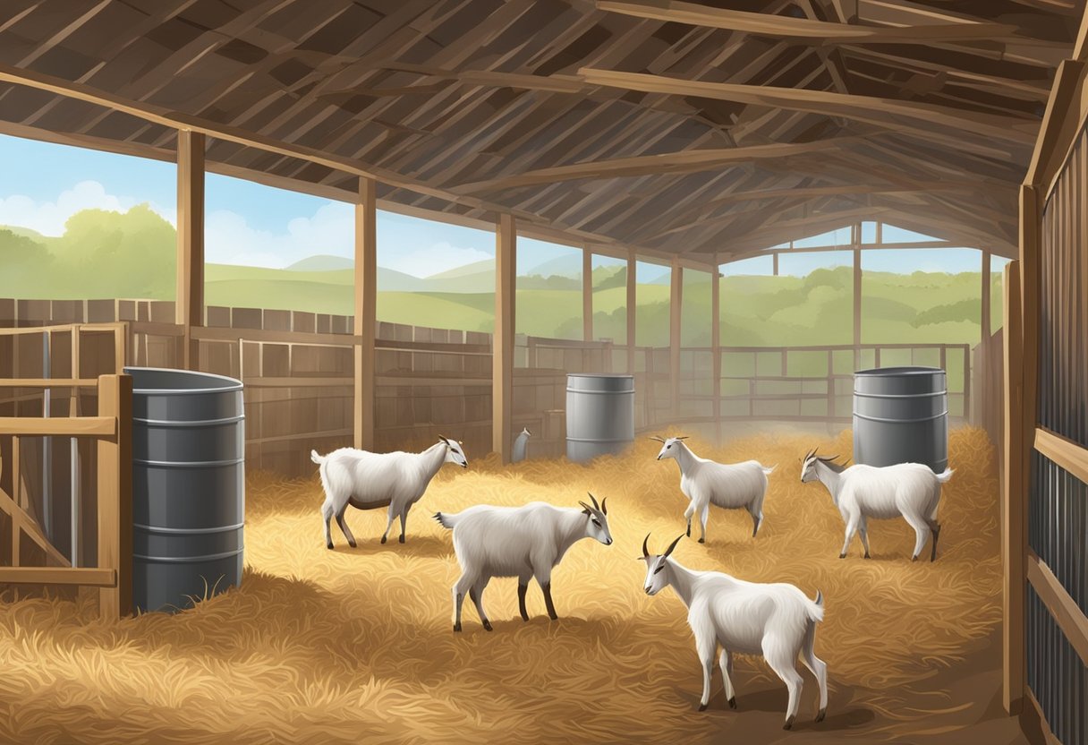 Goats in a clean, well-ventilated barn, with straw or wood shavings bedding. Feed and water containers nearby