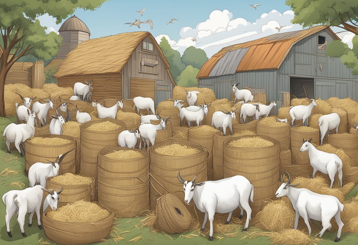 A group of goats surrounded by various types of bedding, such as straw, hay, and wood shavings. A farmer carefully examines each option, considering factors such as absorbency, cleanliness, and comfort for the goats