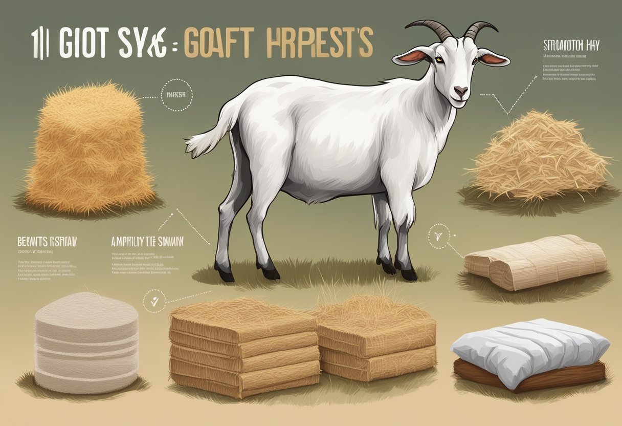 A goat standing next to different types of bedding, such as straw, wood shavings, and hay. Each option is labeled with its benefits, such as comfort, insulation, and cleanliness