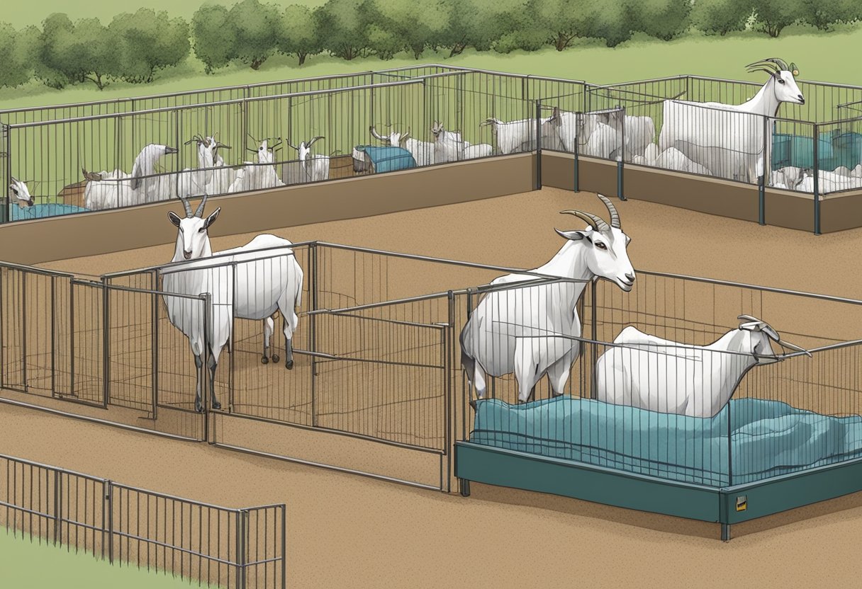 Goats in a clean, well-maintained pen with appropriate bedding material. A variety of bedding options displayed nearby