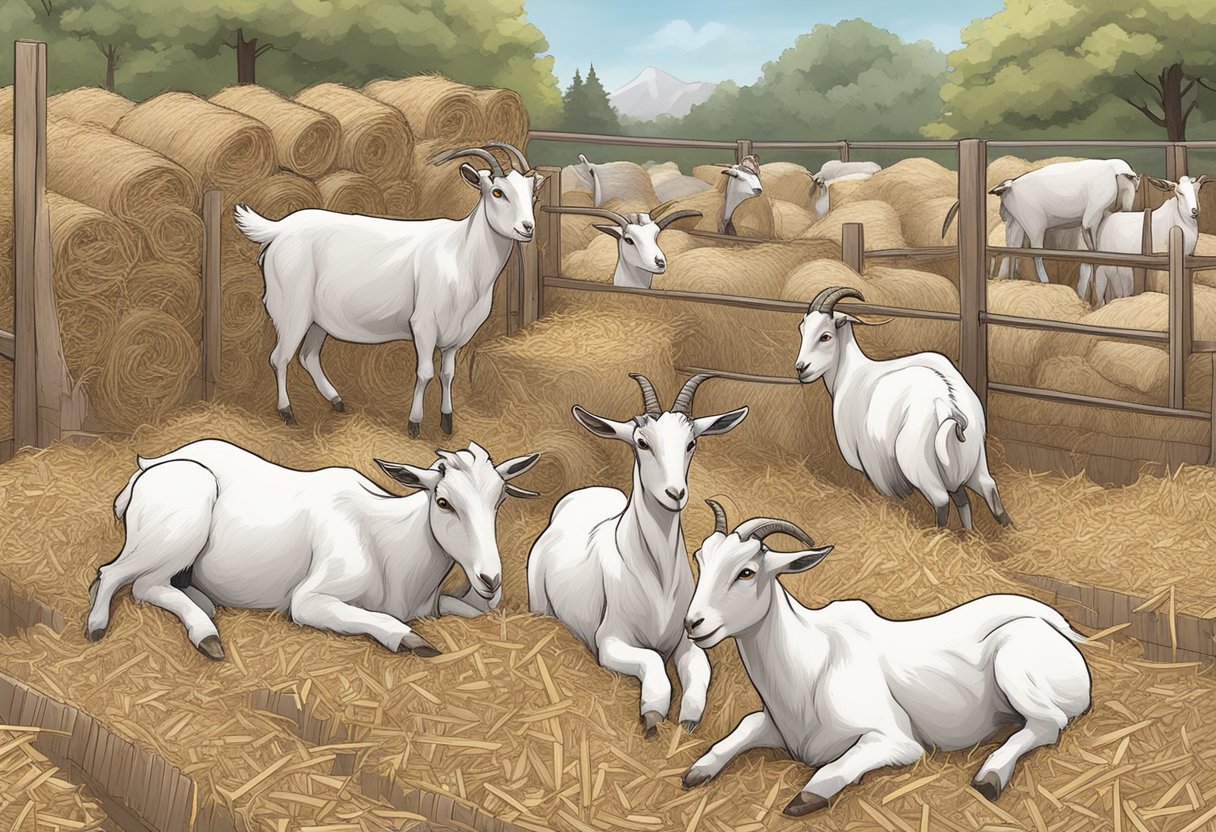 Goats surrounded by various bedding options, such as straw, wood shavings, and rubber mats. Each option labeled with its health implications