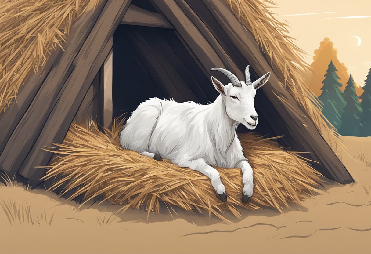 A goat peacefully sleeping on a bed of straw, surrounded by a cozy, insulated shelter. Nearby, a stack of cost-effective, sustainable bedding materials