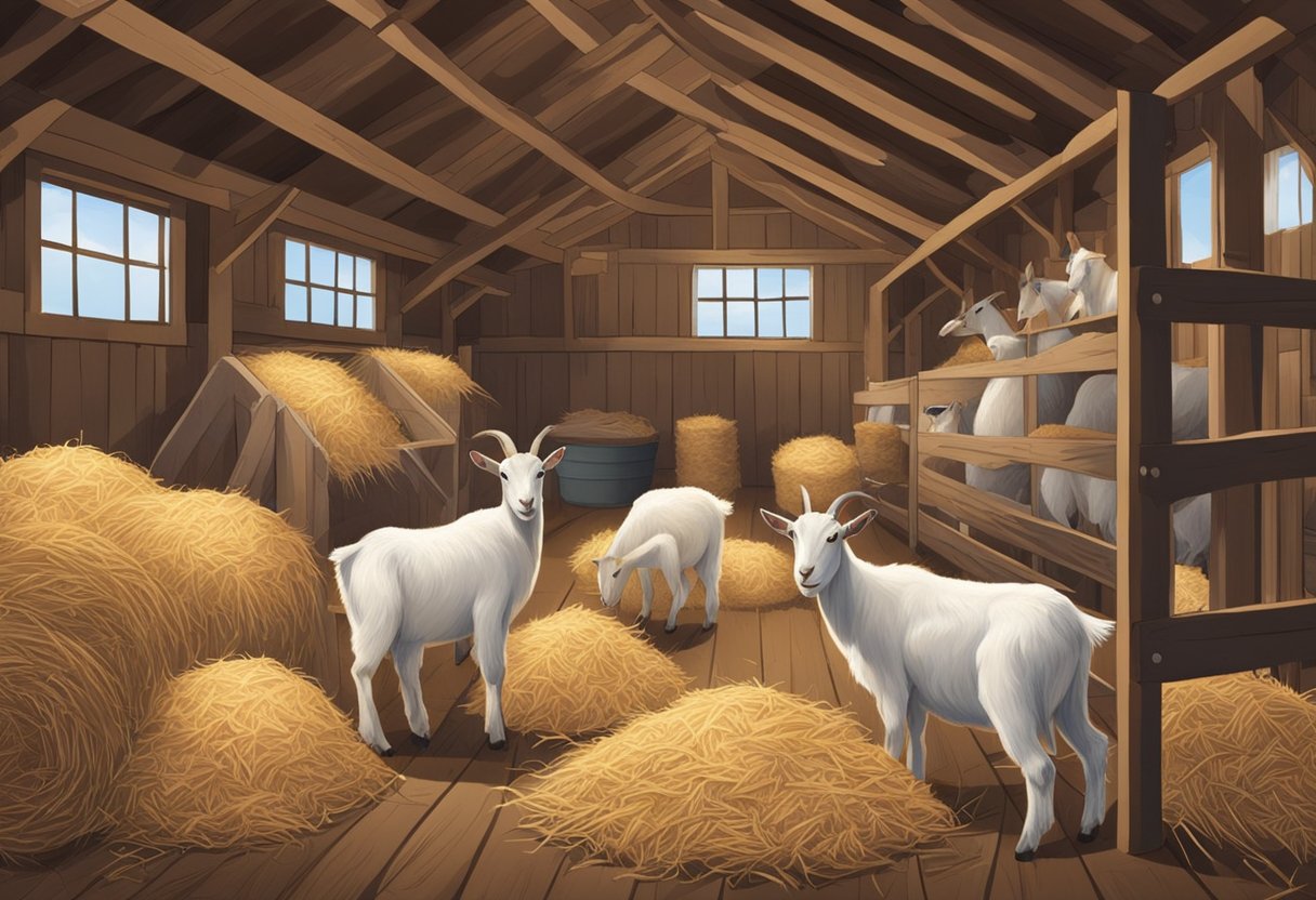 Goats in a cozy barn, surrounded by various bedding options like straw, hay, and wood shavings. A farmer carefully examines each option, considering the goats' comfort and cleanliness