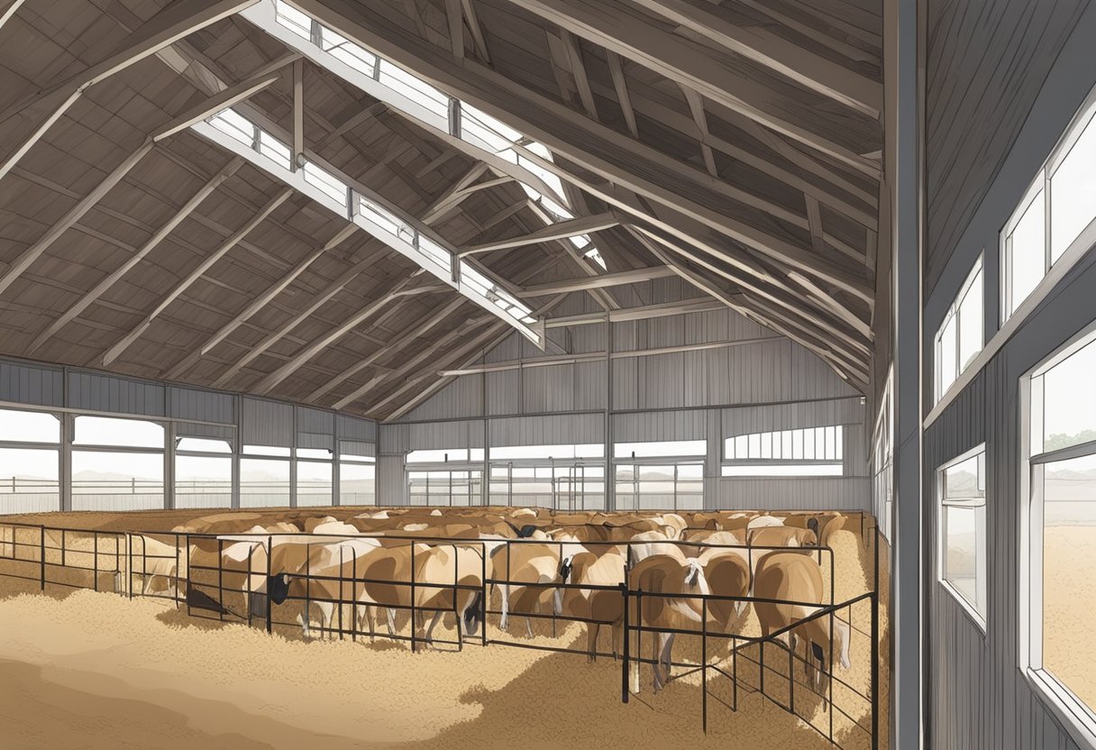 A sturdy, well-ventilated barn with clean bedding and ample space for movement. Hay feeders and water troughs are easily accessible