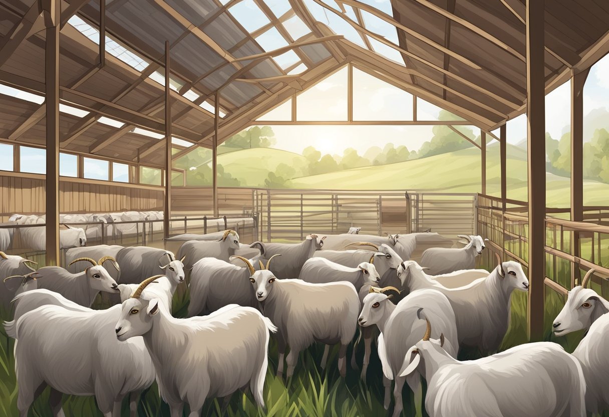 A sturdy, spacious goat barn with clean bedding and good ventilation. Happy, healthy goats graze outside